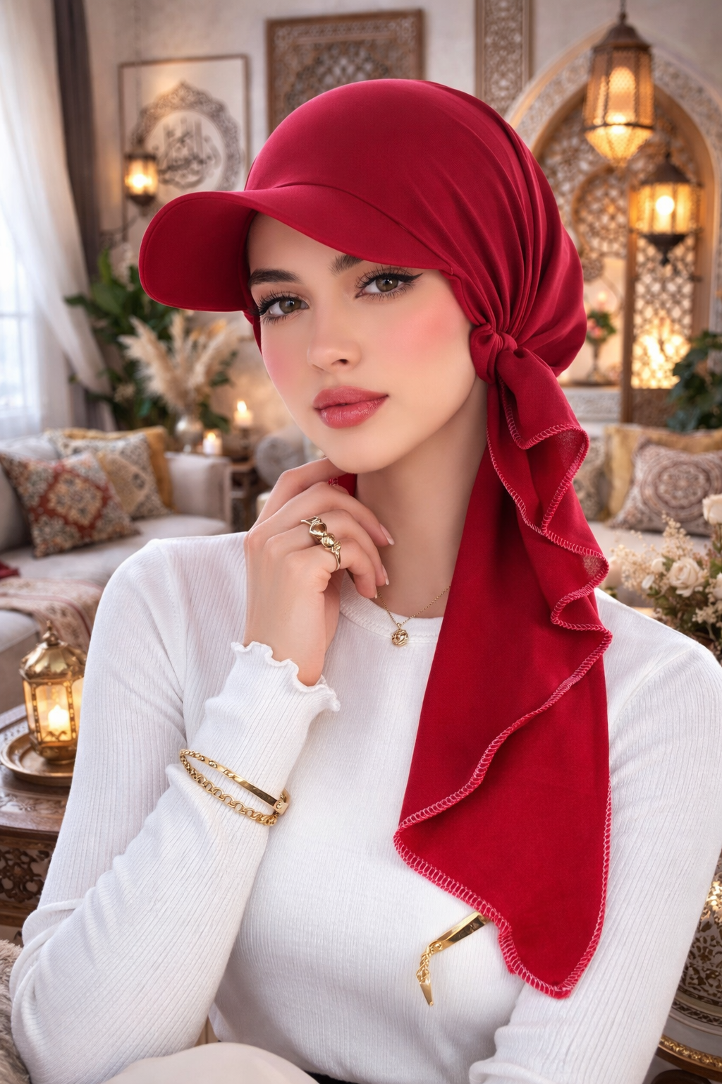 Model wearing red Casual Hijab Cap with integrated baseball peak and wrap-around tail