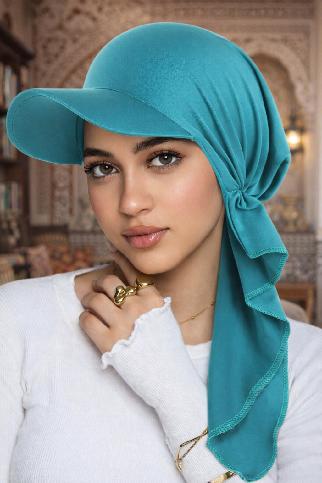 Model wearing Teal Casual Hijab Cap with integrated baseball peak and wrap-around tail