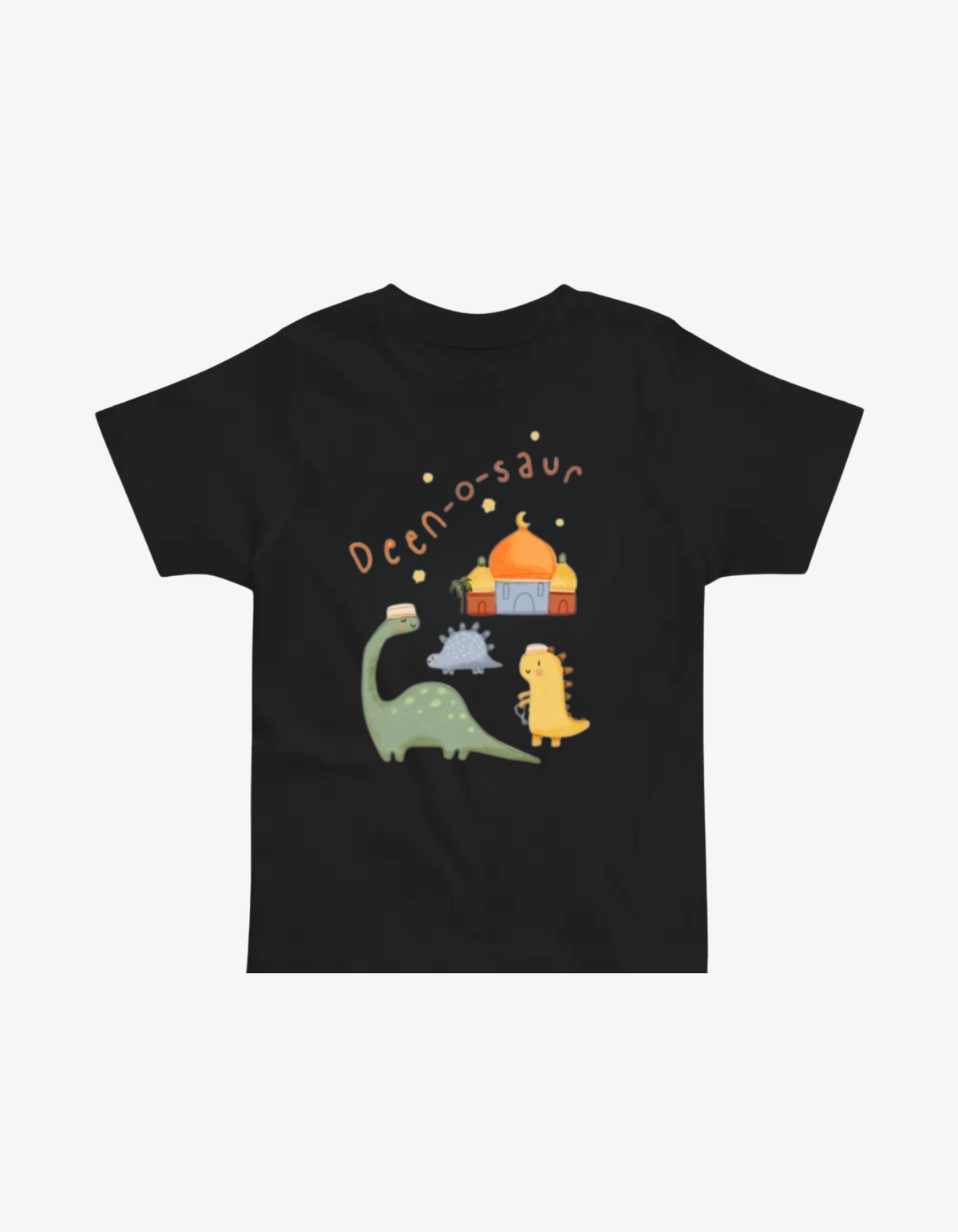 Black kids t-shirt with a colorful illustration of dinosaurs in kufis near a masjid under a starry sky saying Deen-o-saur.