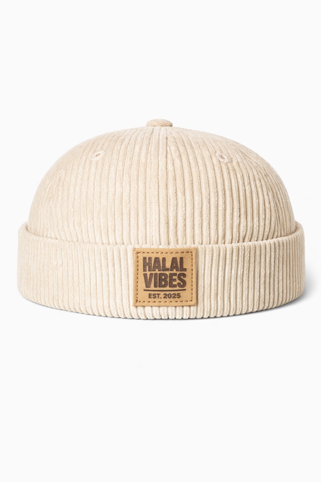 Halal Vibes Corduroy Docker Cap with Leather Patch - Modest Streetwear Headwear-Beige