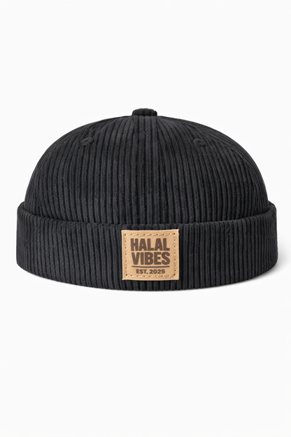 Halal Vibes Corduroy Docker Cap with Leather Patch - Modest Streetwear Headwear-Black