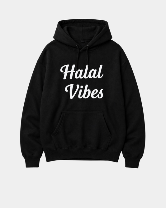 Black hoodie with 'Hatal Vibes' text on a light gray background