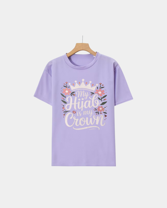 Lavender 100% cotton t-shirt featuring the text My Hijab is my Crown with a floral crown graphic.