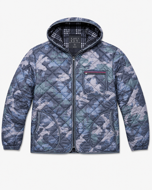 Unisex stealth blue digital camo lightweight hooded jacket with diamond quilting, featuring a tartan inner lining, modeled on a man and a woman in clean studio and street settings.