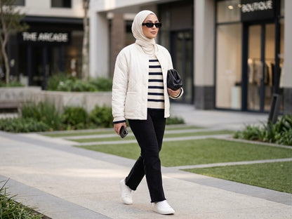 Woman walking on a sidewalk wearing a white puffer jacket, black and white striped sweater, and dark pants.
