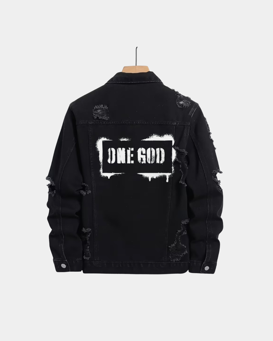 Rear view of a black ripped denim jacket with a bold white "ONE GOD" stencil graphic.