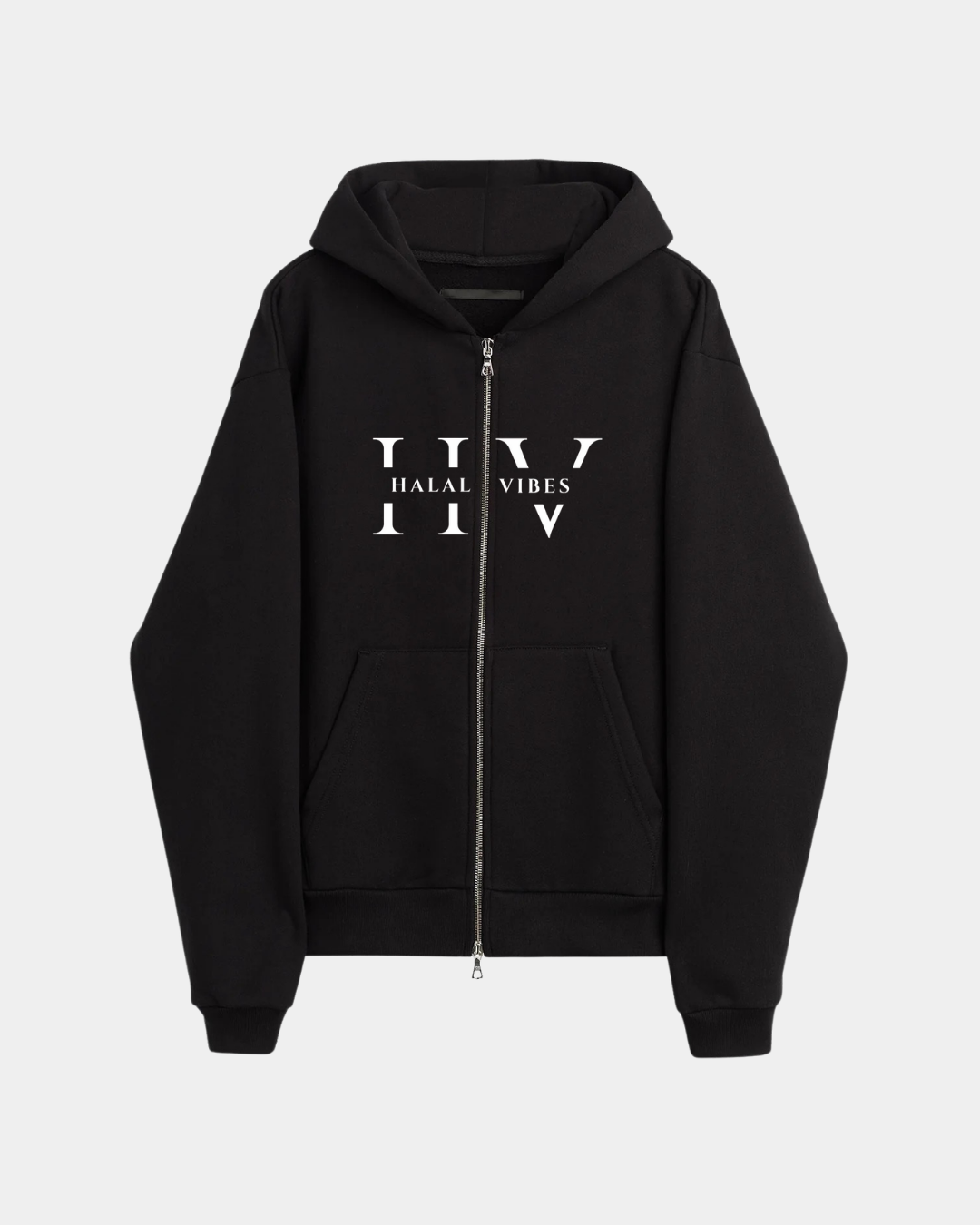 Black heavyweight zip-up hoodie with white HV monogram split across the chest zipper.