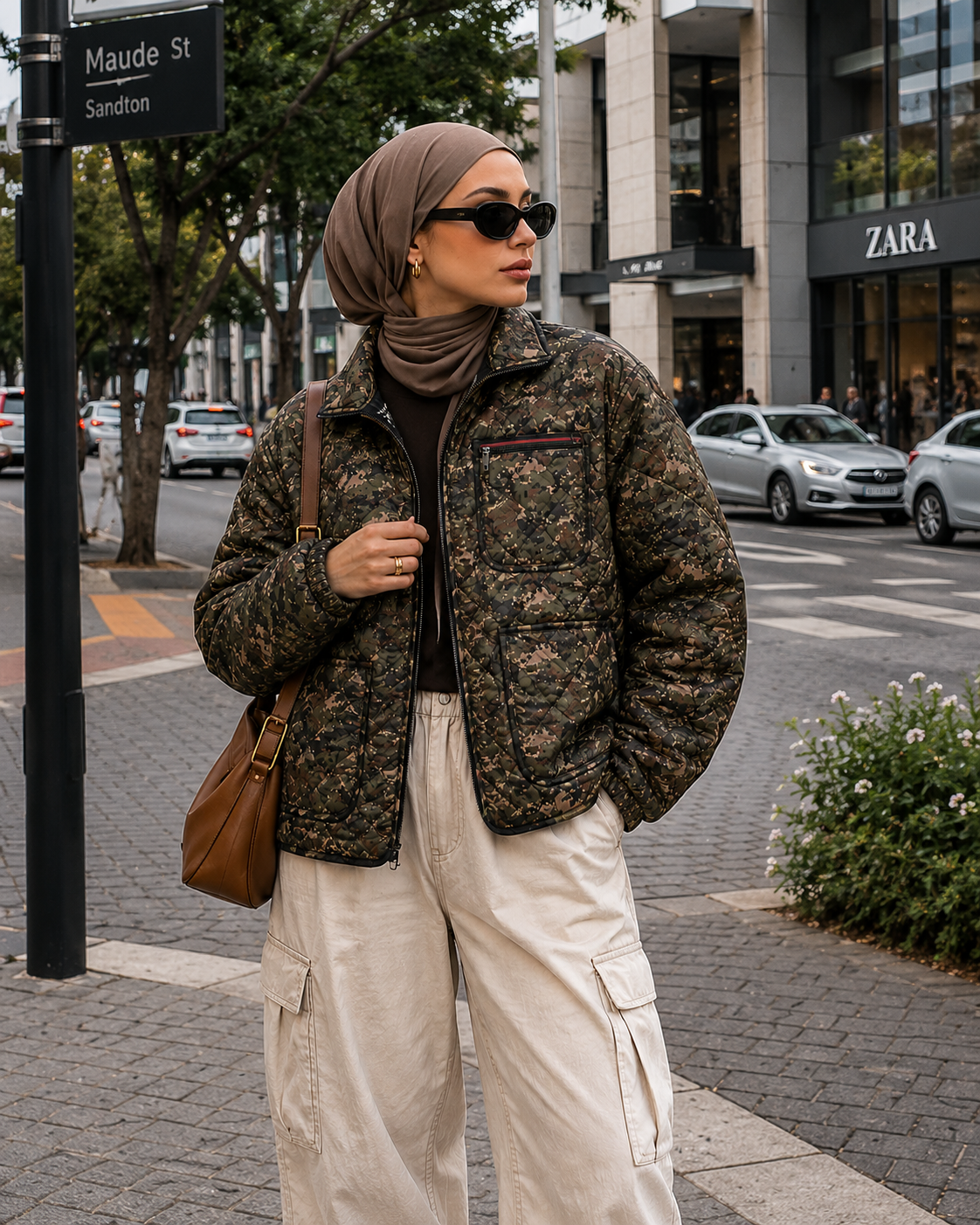 Unisex digital camo diamond-quilted bomber jacket with a tartan inner lining and an HV logo label, showcased on models in a city street setting.