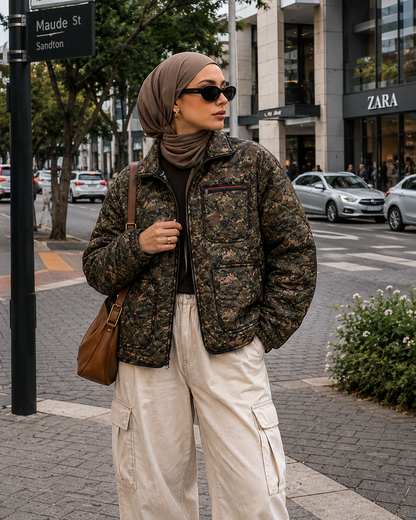 Unisex digital camo diamond-quilted bomber jacket with a tartan inner lining and an HV logo label, showcased on models in a city street setting.
