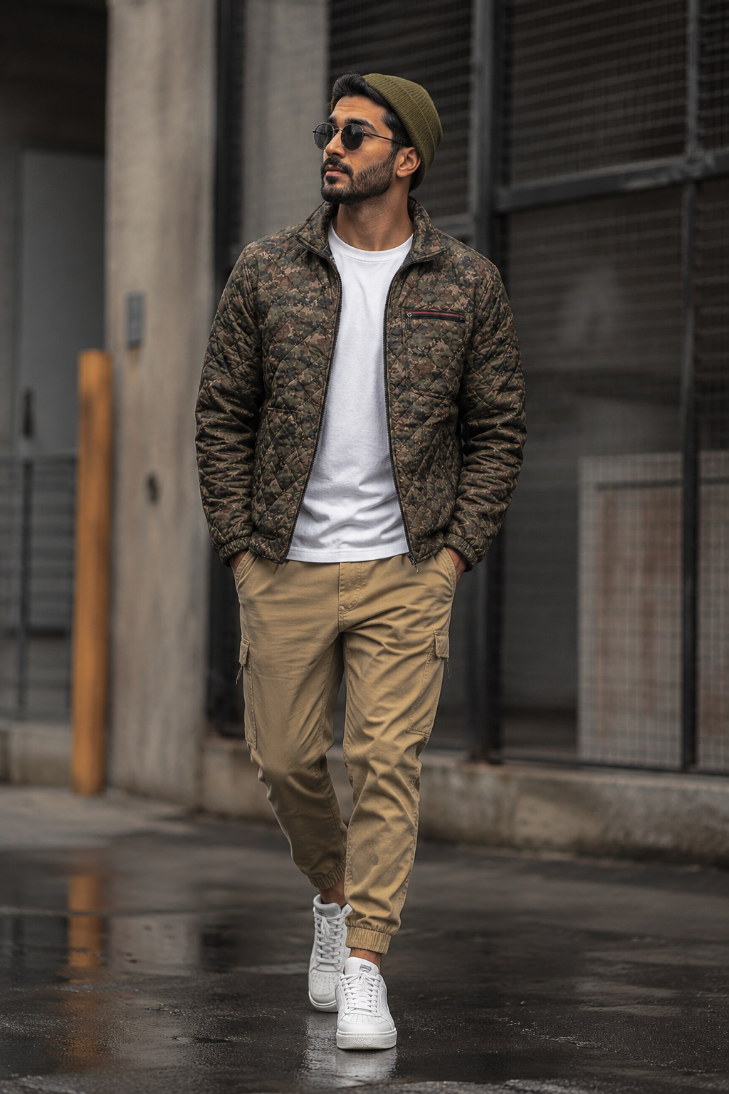 Man wearing a camo jacket, white shirt, beige pants, and white sneakers walking on a street.