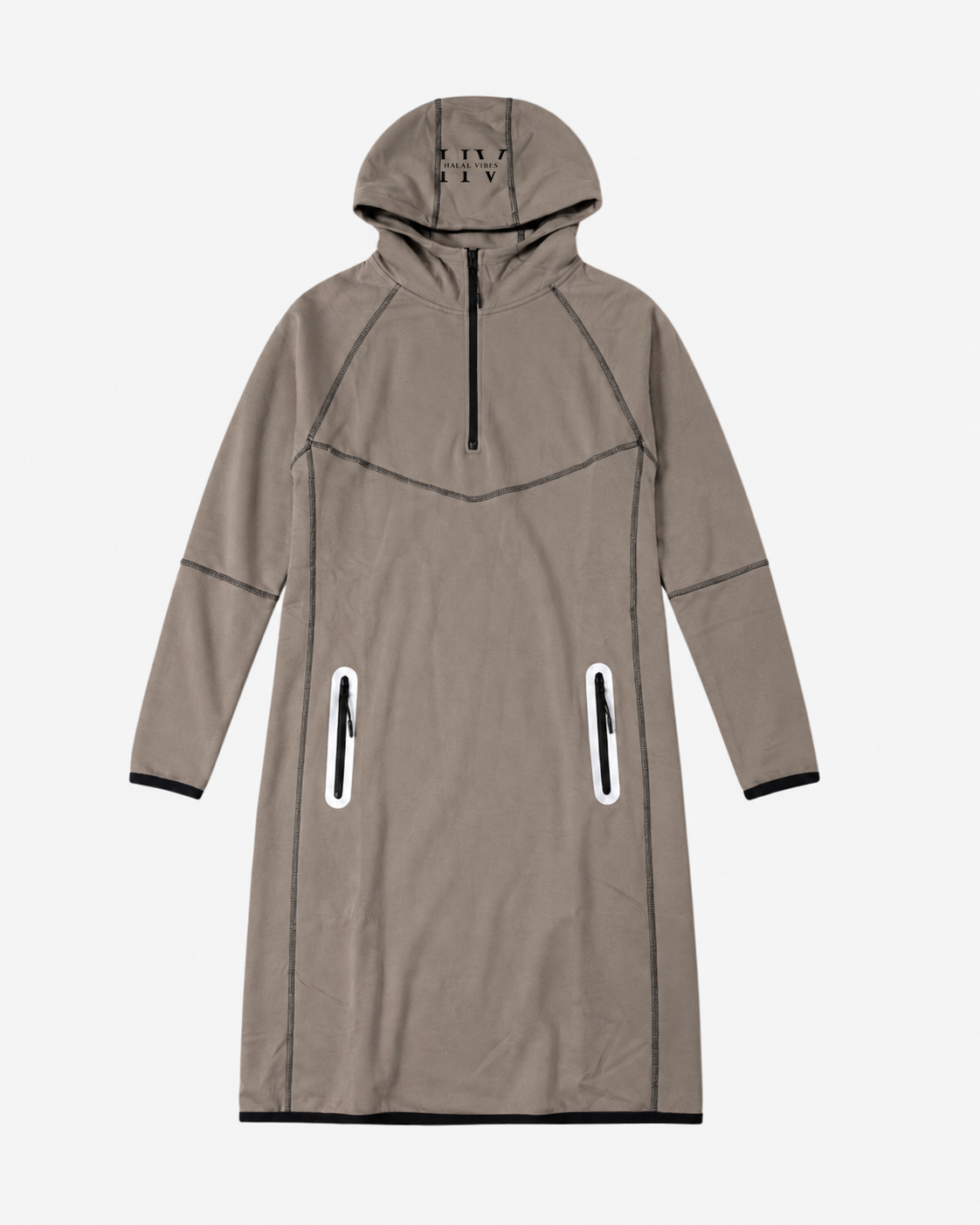 Khaki hooded Abaya with black accents on a white background