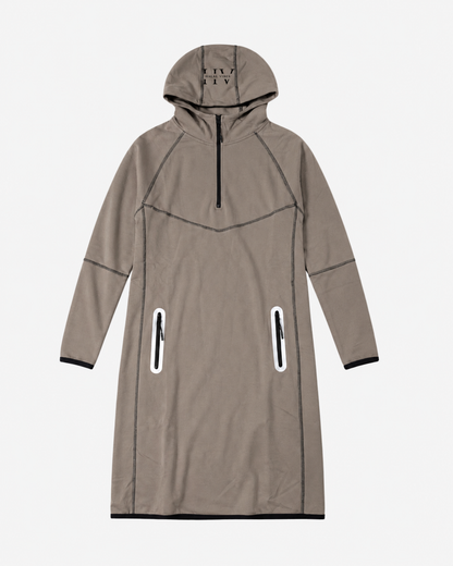 Khaki hooded Abaya with black accents on a white background