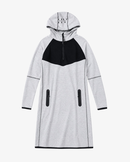 Full-length heather grey tech-fleece abaya with a black chest panel, hooded top with HV monogram, and waterproof black zippered pockets