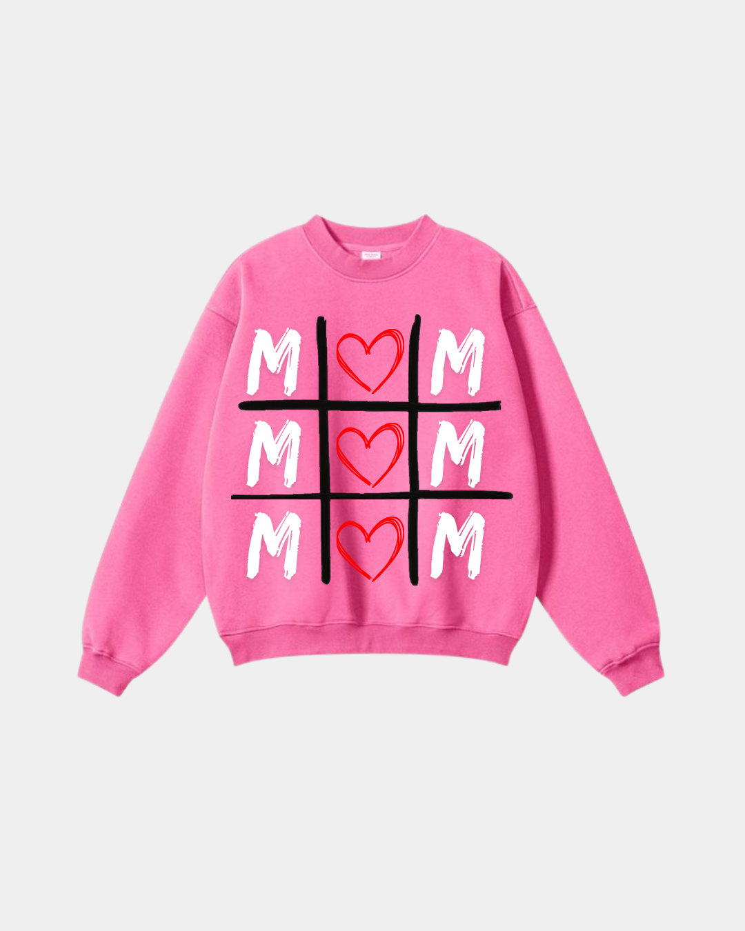 Oversized pink sweatshirt for women featuring a black tic-tac-toe grid with hearts and MOM text.