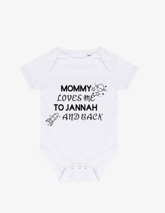 White baby grow with rocket and star graphics saying Mommy Loves Me to Jannah and Back.