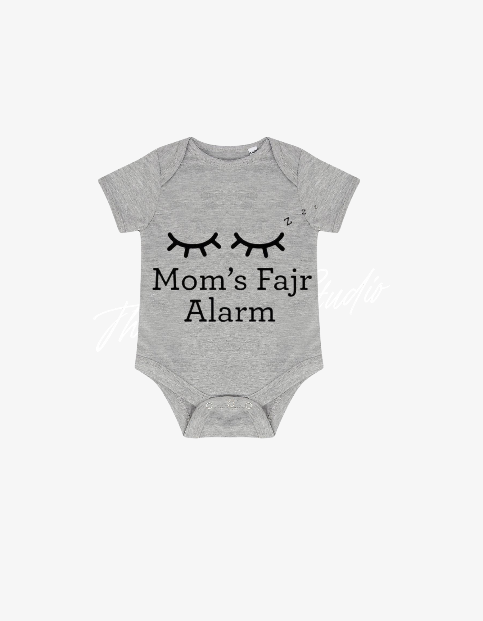 Grey baby grow with sleeping eyes graphic and text saying Mom's Fajr Alarm.