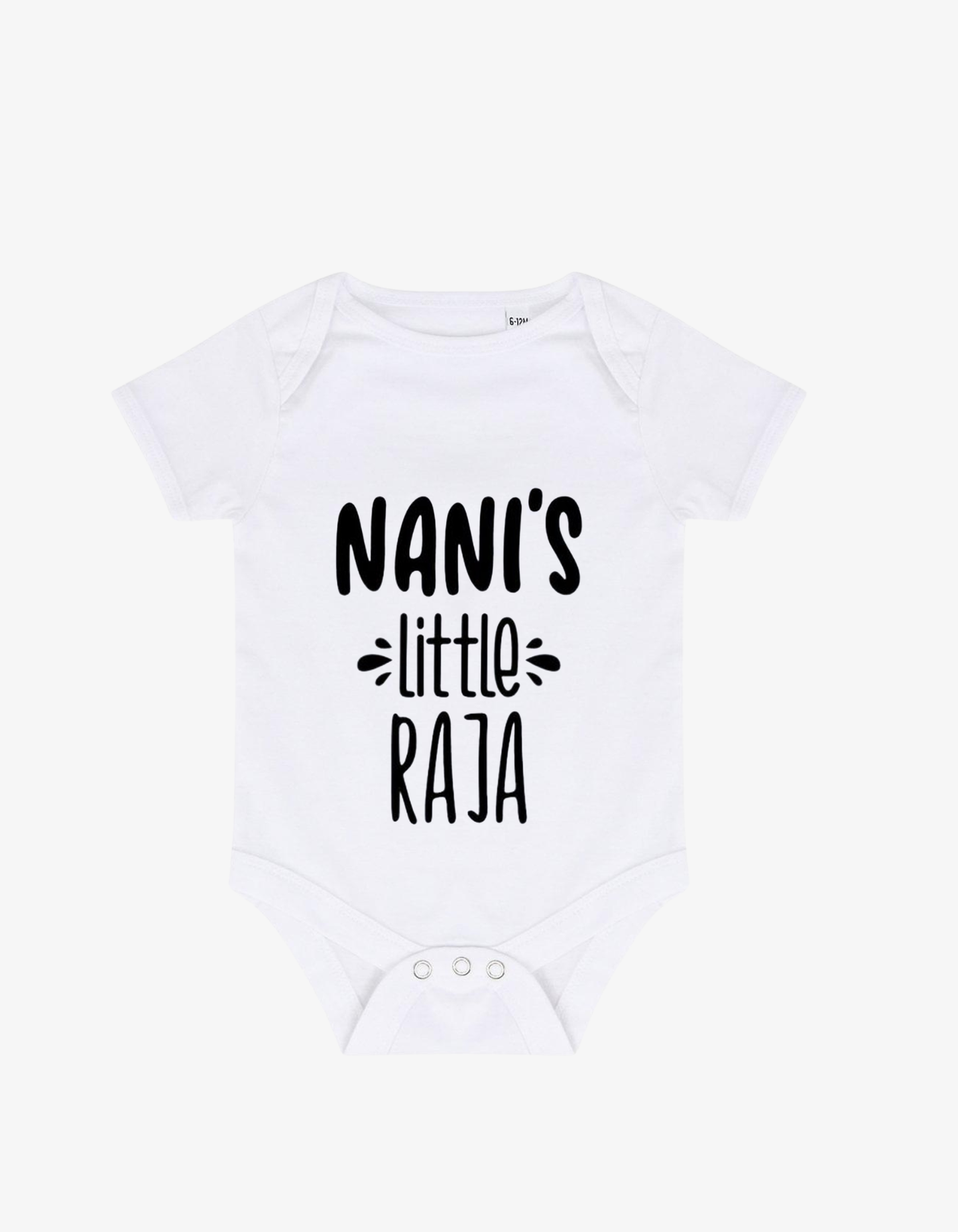 White baby grow with bold black typography saying NANI'S little RAJA.
