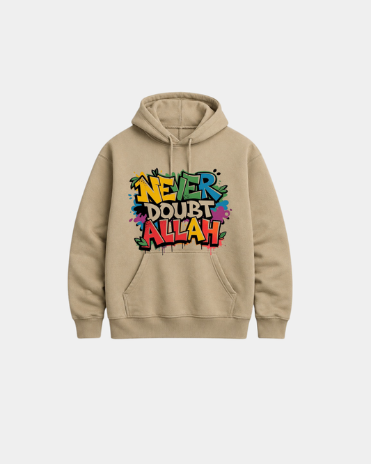 Front view of the Dark Stone 360 GSM Islamic Streetwear hoodie showcasing a vibrant, multi-colored graffiti graphic that reads NEVER DOUBT ALLAH with paint drips and color splatters.