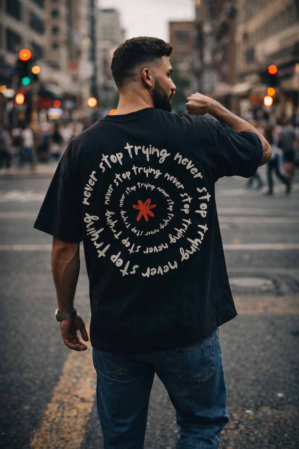 Man wearing a black t-shirt with text and a red logo on the back, standing on a city street.