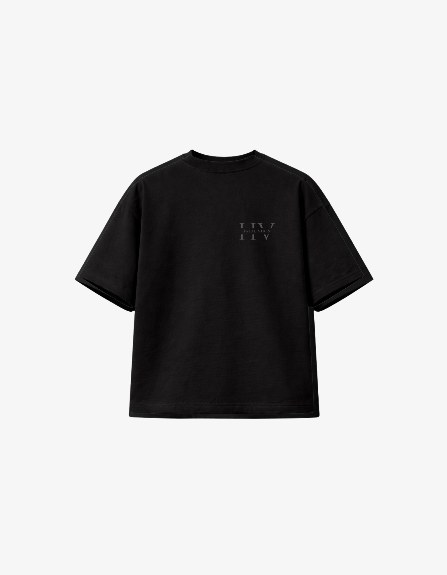 Front view of oversized black t-shirt with tonal HV monogram on the chest.