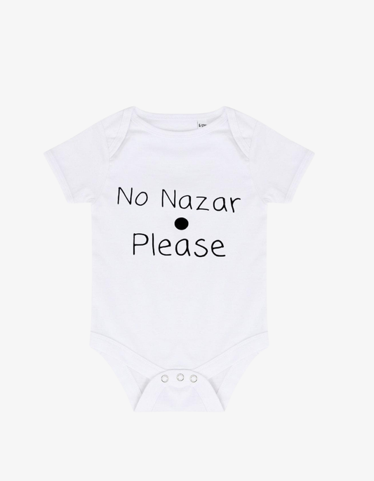 White baby grow with minimalist black text saying No Nazar Please and a single black dot.
