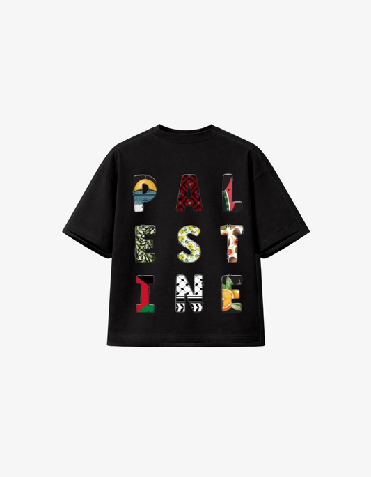 Back view of the premium 330 GSM ultra-heavyweight pitch black boxy t-shirt, featuring PALESTINE written in letters filled with cultural Keffiyeh, Tatreez, and olive branch patterns.