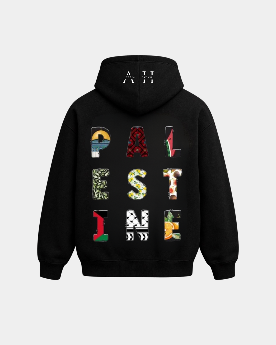 Black hoodie with colorful 'PALESTINE' text design on a light gray background