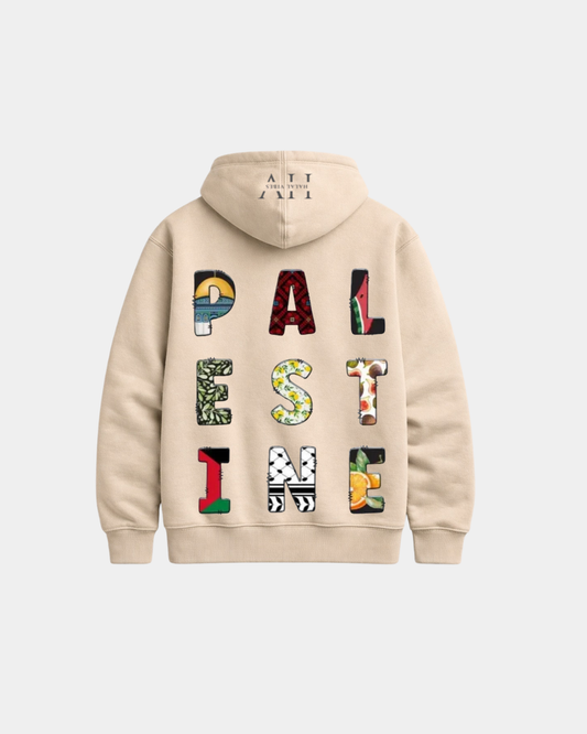 Back view of a heavy sand-colored hoodie with PALESTINE written in letters filled with Keffiyeh, Tatreez, and olive branch patterns.