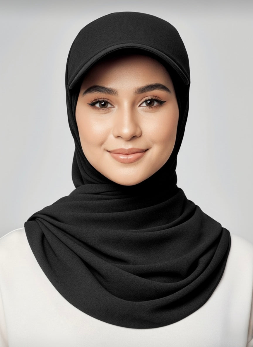 Woman wearing a black hijab and white shirt against a gray background