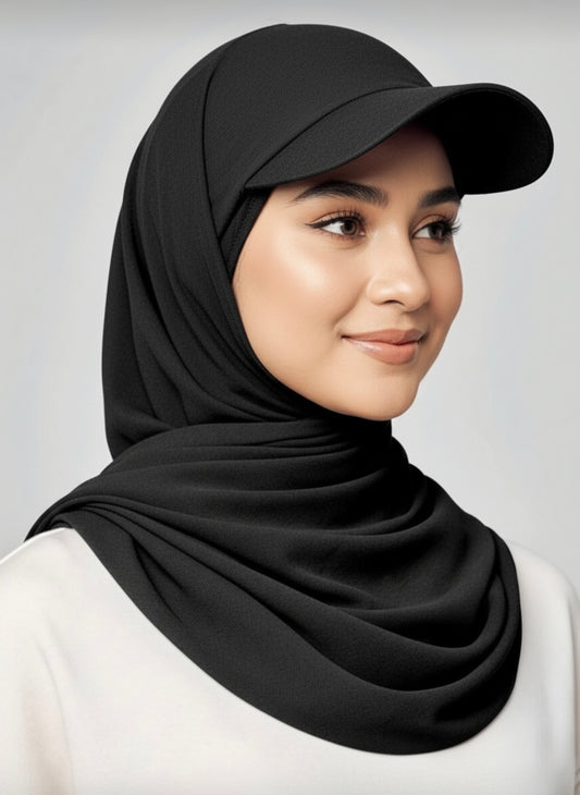 Black Peak Cap Hijab - Sporty Instant Hijab for Gym and Outdoor Activities