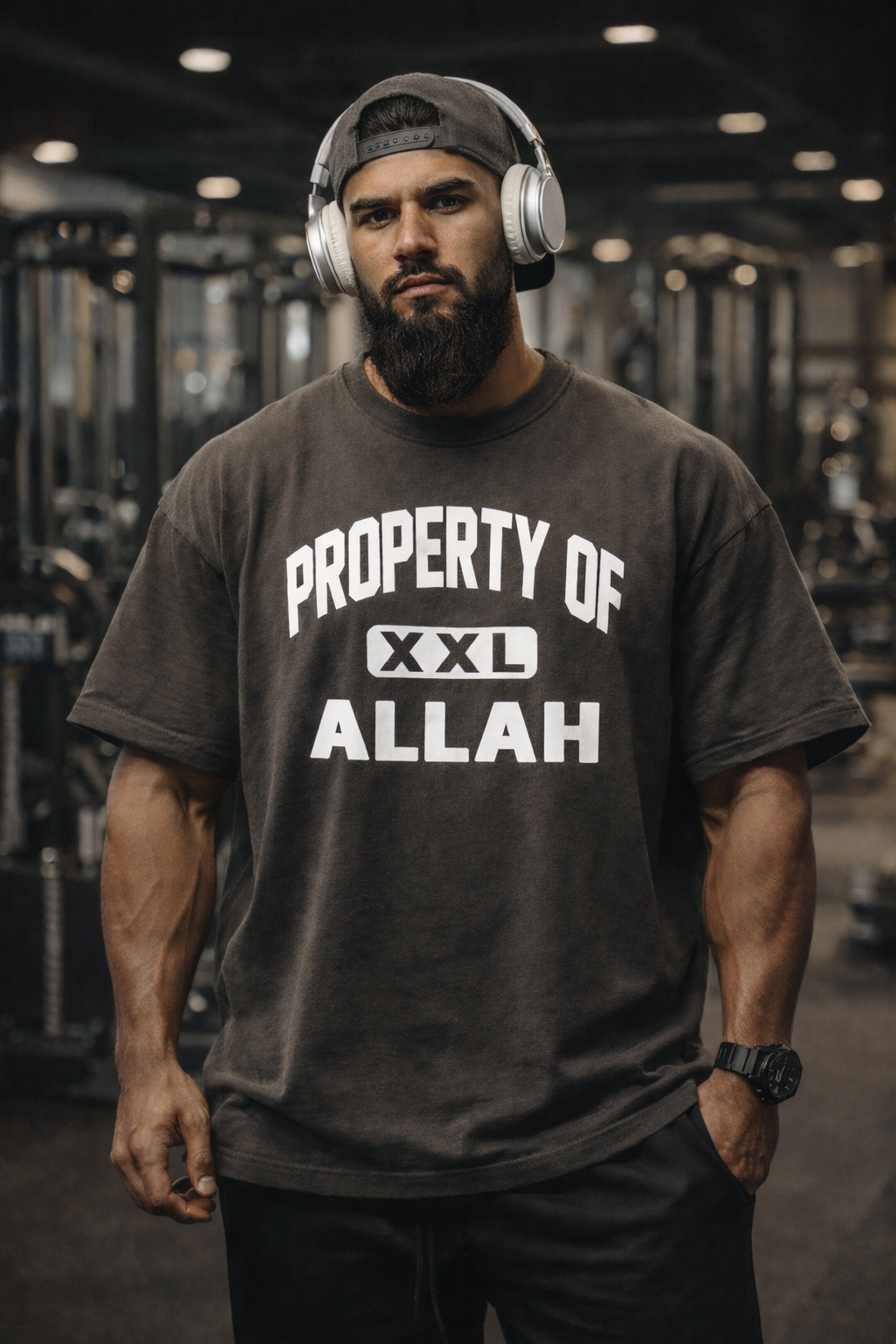 Muscle-fit model wearing the Halal Vibes Property of Allah pump-cover tee in a gym setting.