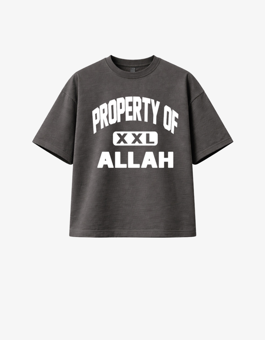 Charcoal grey oversized gym t-shirt with white Property of Allah varsity athletic graphic.