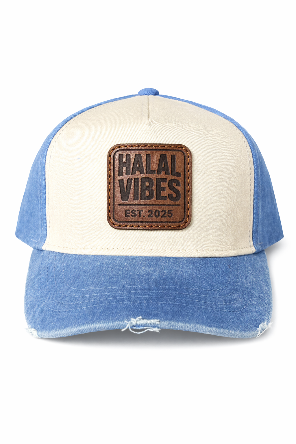 Halal Vibes Retro Two-Tone Trucker Cap with Leather Patch - Islamic Streetwear-Blue