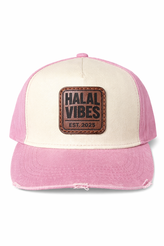 Halal Vibes Retro Two-Tone Trucker Cap with Leather Patch - Islamic Streetwear-Pink