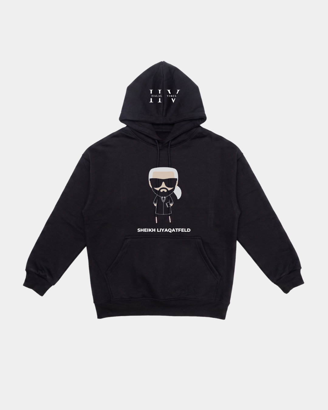 Front view of the black 360 GSM heavyweight hoodie showing the white HV monogram on the hood and a central Karl Lagerfeld parody graphic reading SHEIKH LIYAQATFELD.