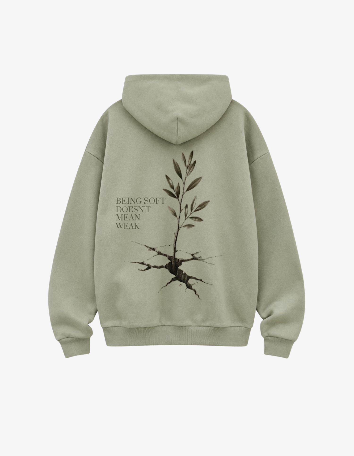 back view showing an olive branch growing out of cracked earth with text Being Soft Doesn't Mean Weak.