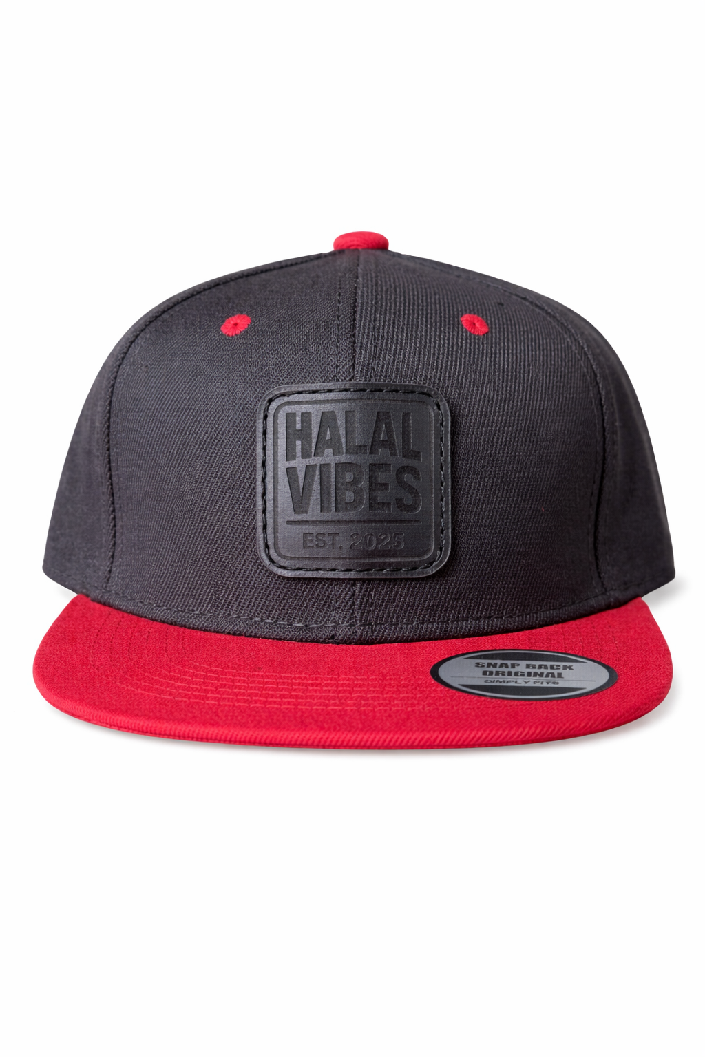 Halal Vibes Black and Red Flat Peak Snapback with Stitched Leather Patch