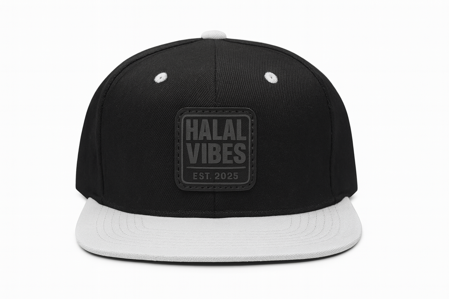 Halal Vibes Black and White Flat Peak Snapback with Stitched Leather Patch