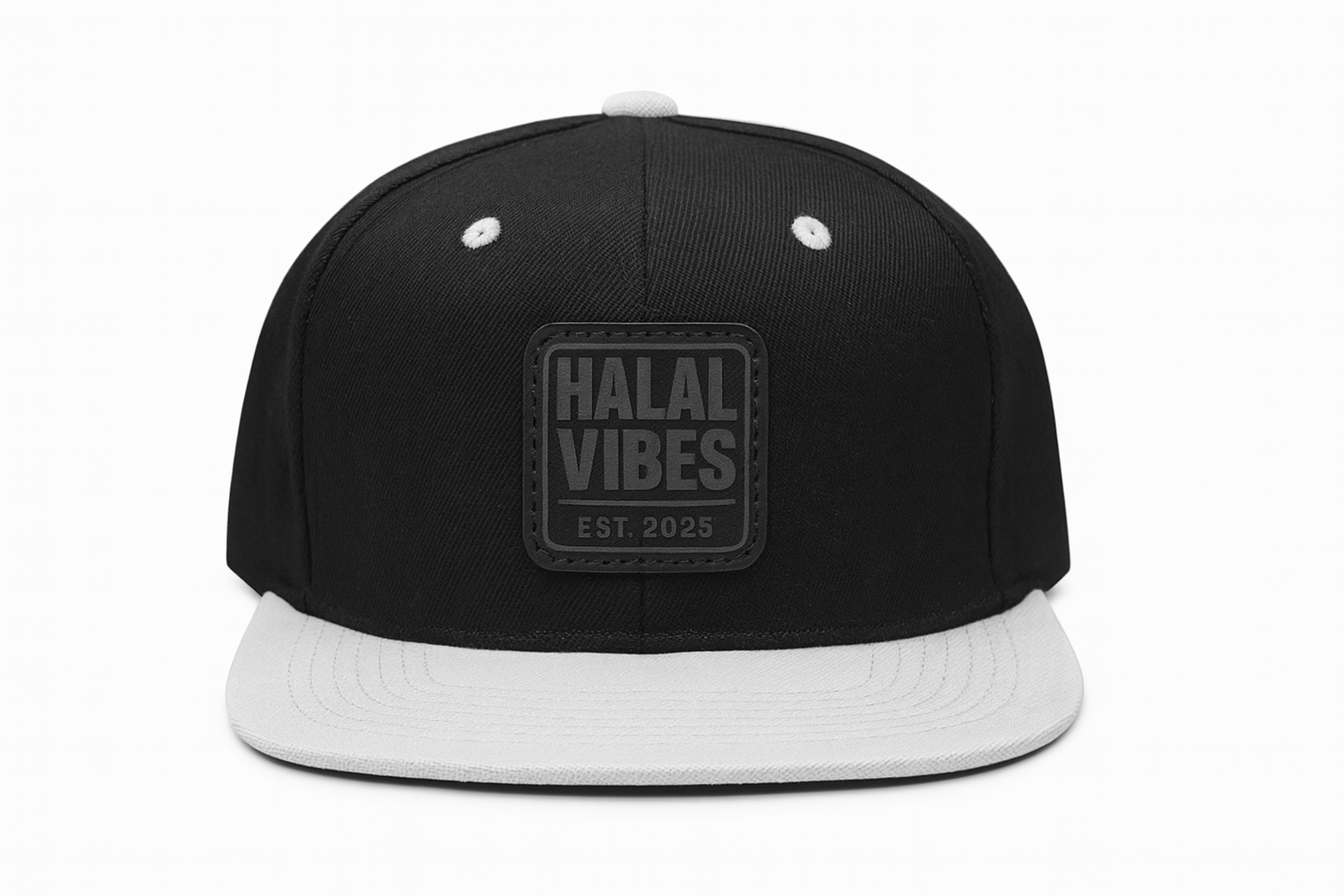 Halal Vibes Black and White Flat Peak Snapback with Stitched Leather Patch