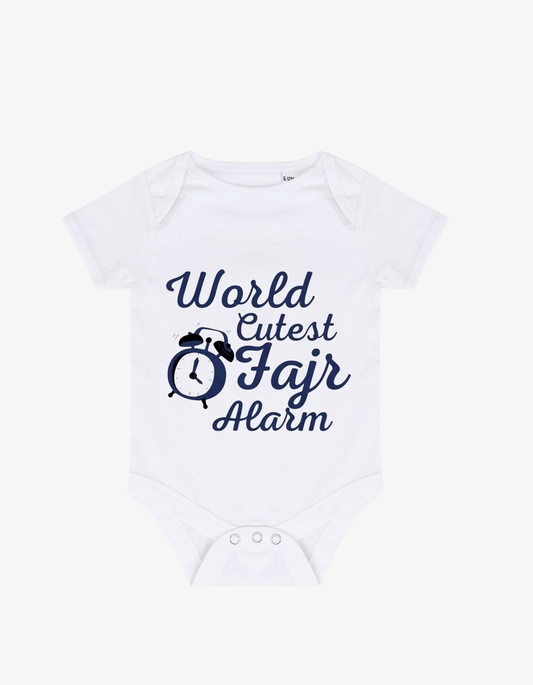 White baby grow with navy blue alarm clock graphic and text saying World Cutest Fajr Alarm.